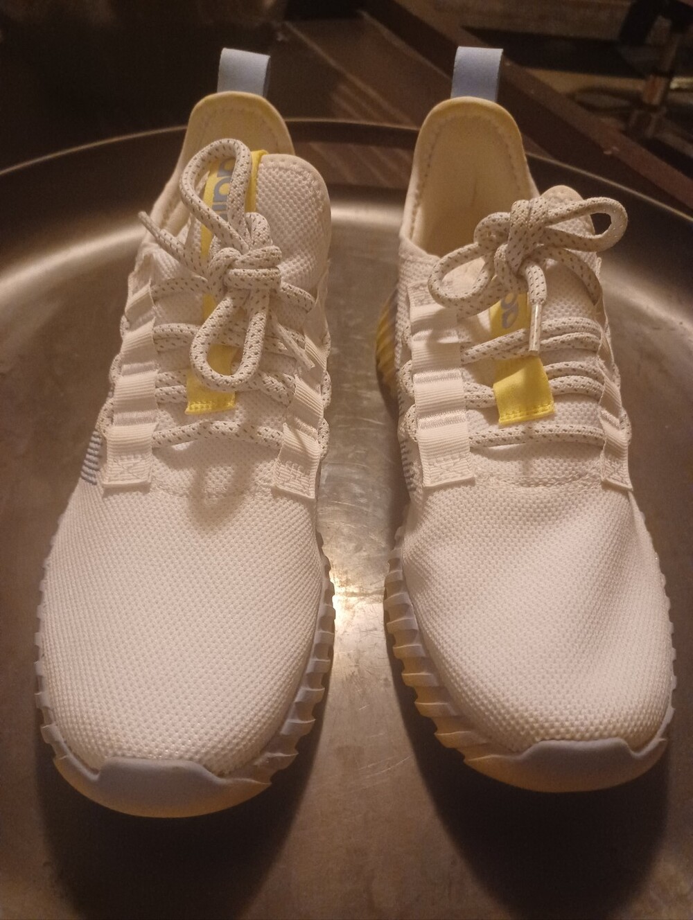 adidas Kaptir Flow White Sneakers w/ Light Blue Stripes and Yellow Gradient Sole - Picture 4 of 11